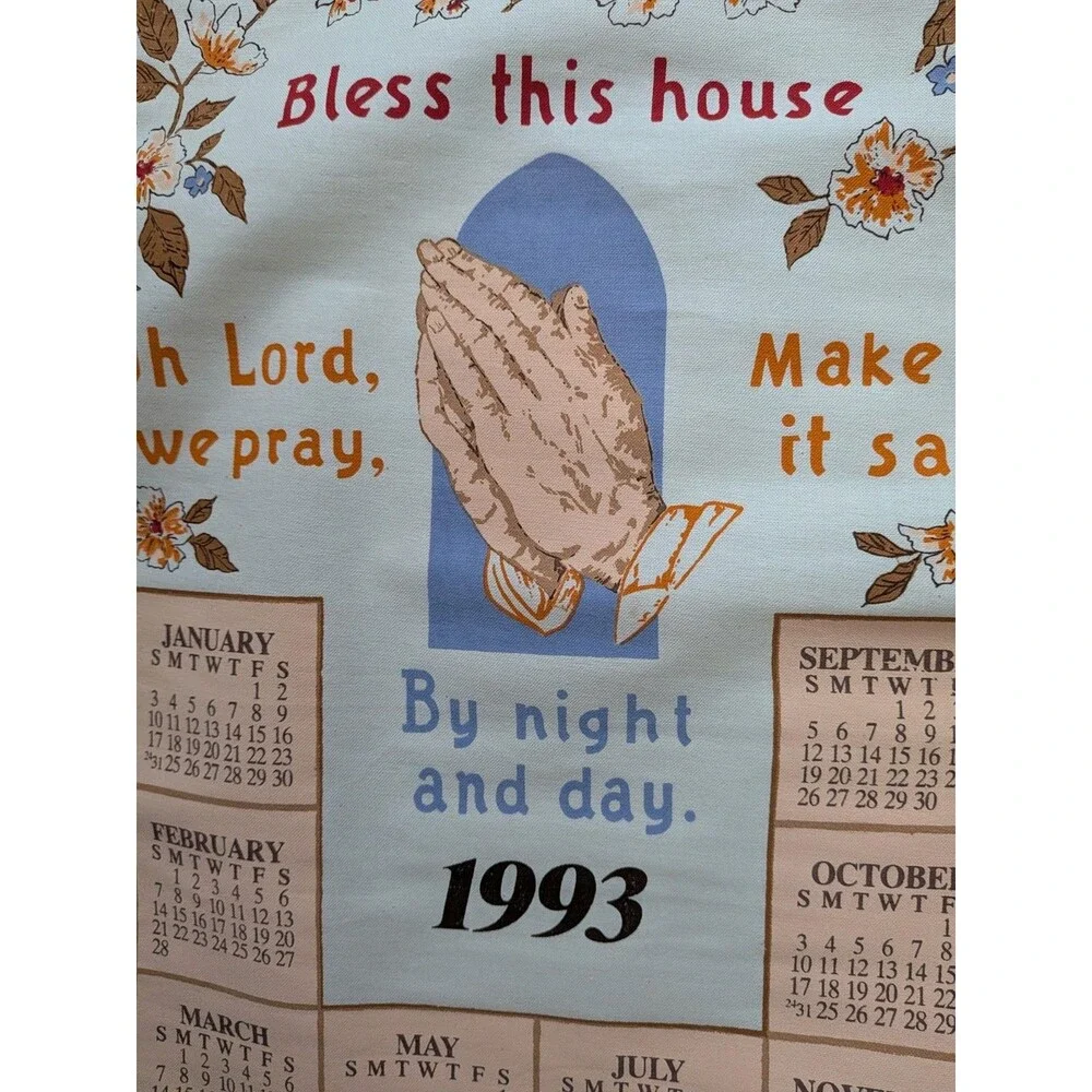Vintage 1993 Bless This House Calendar Tea Towel Praying Hands Religious Decor